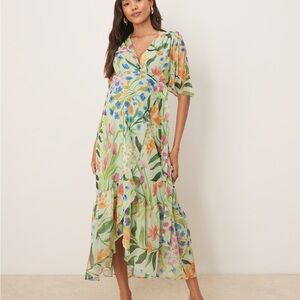Hope & Ivy Maternity frill sleeve maxi wrap dress with tie waist in green print